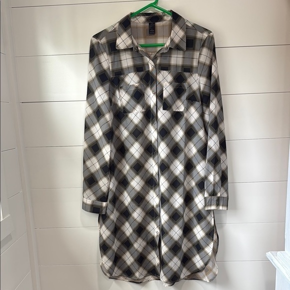 PRANA Flint Maxi Tunic Top in Charcoal Gray Plaid Flowy Mini Dress Size Medium - Picture 2 of 11